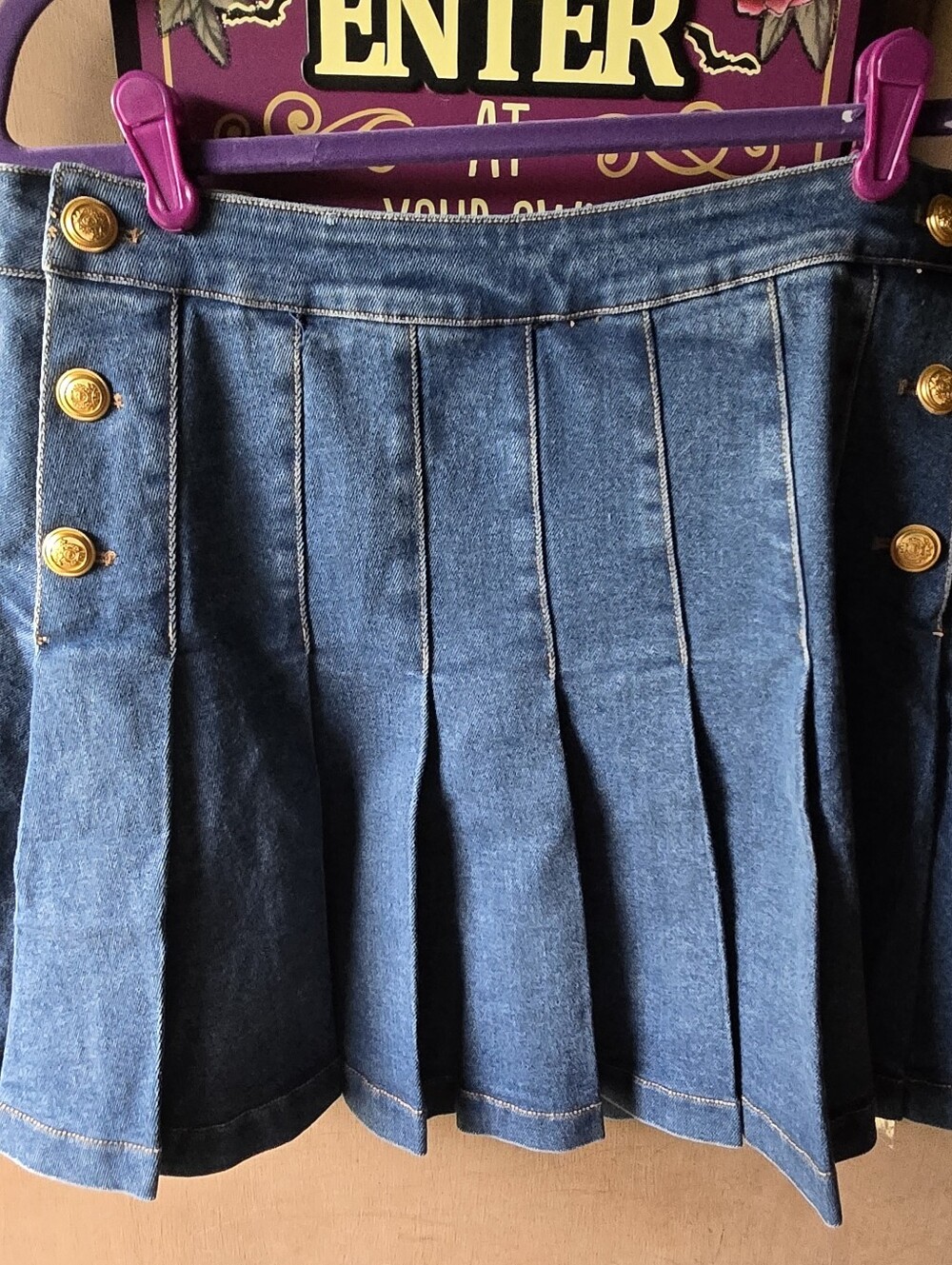 Entro Denim Pleated Mini Skirt with Gold Button Detail - Blue